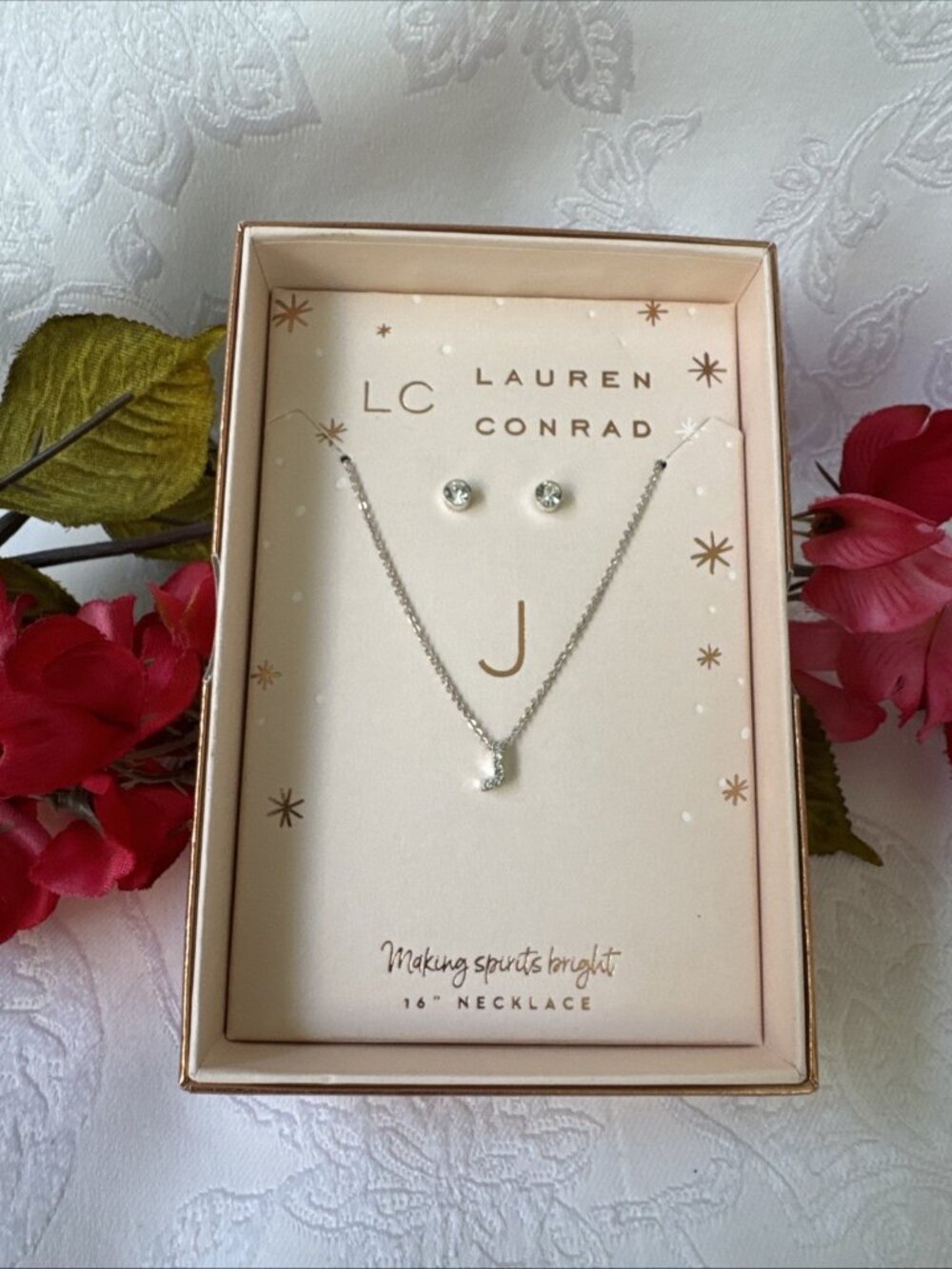 LC Lauren Conrad Initial J Silvertone Necklace Stud CZ Earring Set Gift Box 16"